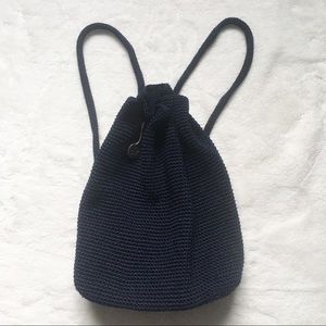 The Sak Bucket Crochet Blue Drawstring Backpack